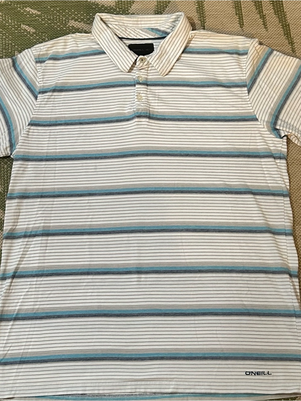 O'Neill Men's White Polo with Blue and Gray Stripe Detail 100% Cotton